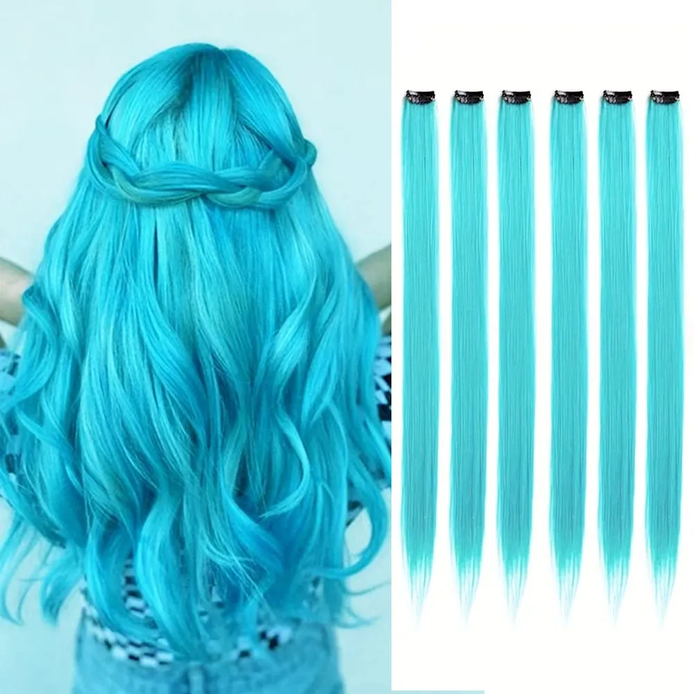 6pcs/pack Colored Party Highlights Clip in Hair Extensions 22 inches Multi-colors Straight Hair Synthetic Hairpieces