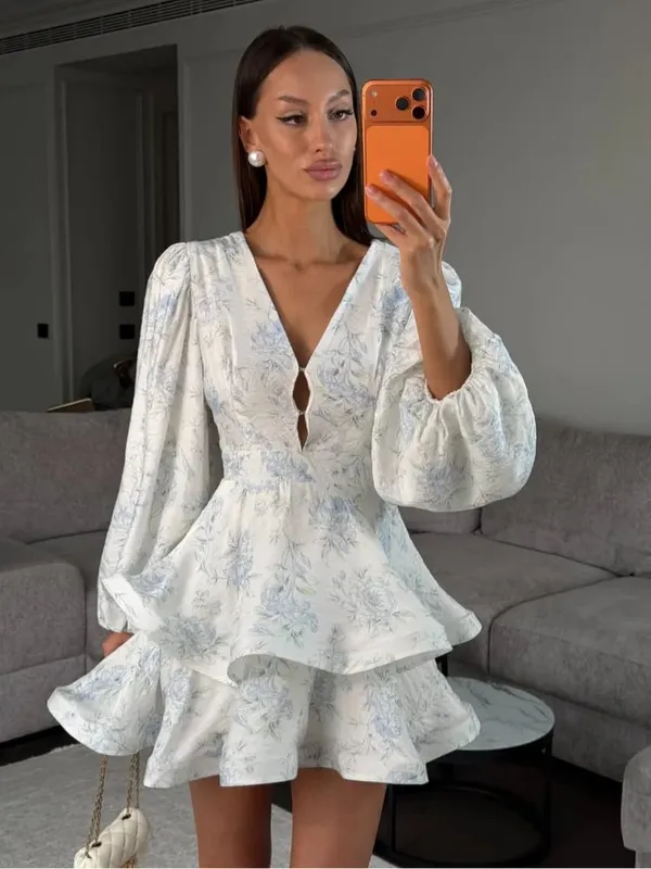 Elegantní minišaty s květinovým potiskem, dámské, elegantní, výstřih do V, plné rukávy, jednořadové, úzké, krátké šaty do áčka 2026 Dámské společenské róby — image 9