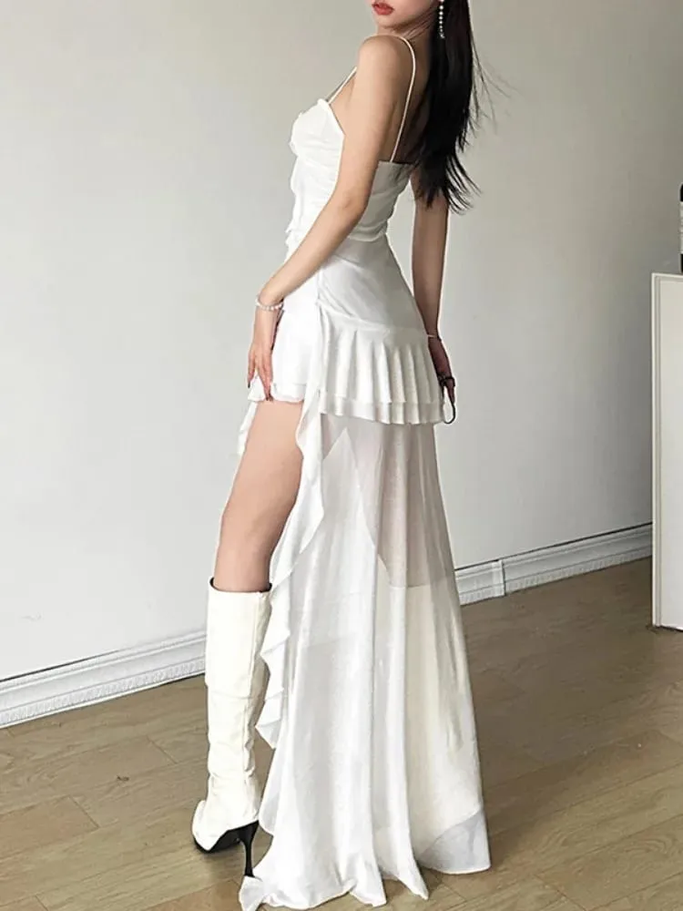2026 Y2k Thẩm Mỹ Không Đều Xù Lông Đầm Sexy Hở Lưng Bông Tai Kẹp Xếp Ly Áo Dạo Phố Áo Ôm Body Đầm Maxi De Femme — image 5