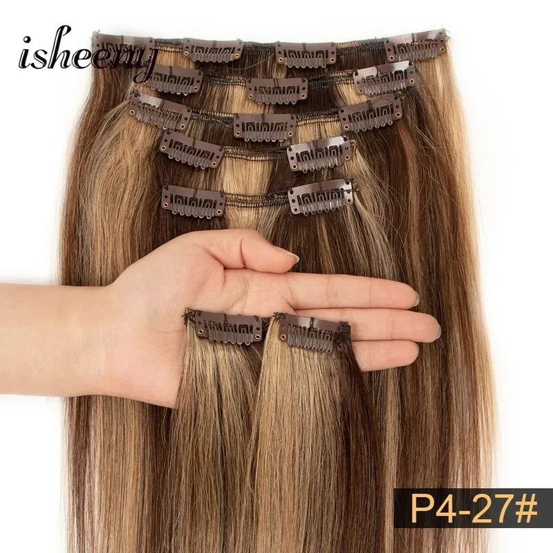 Isheeny 14"-22" Clip In Human Hair Extensions Brazilian Remy Natural Clip Human Hair Extension Real Natural Clip On 50-65G