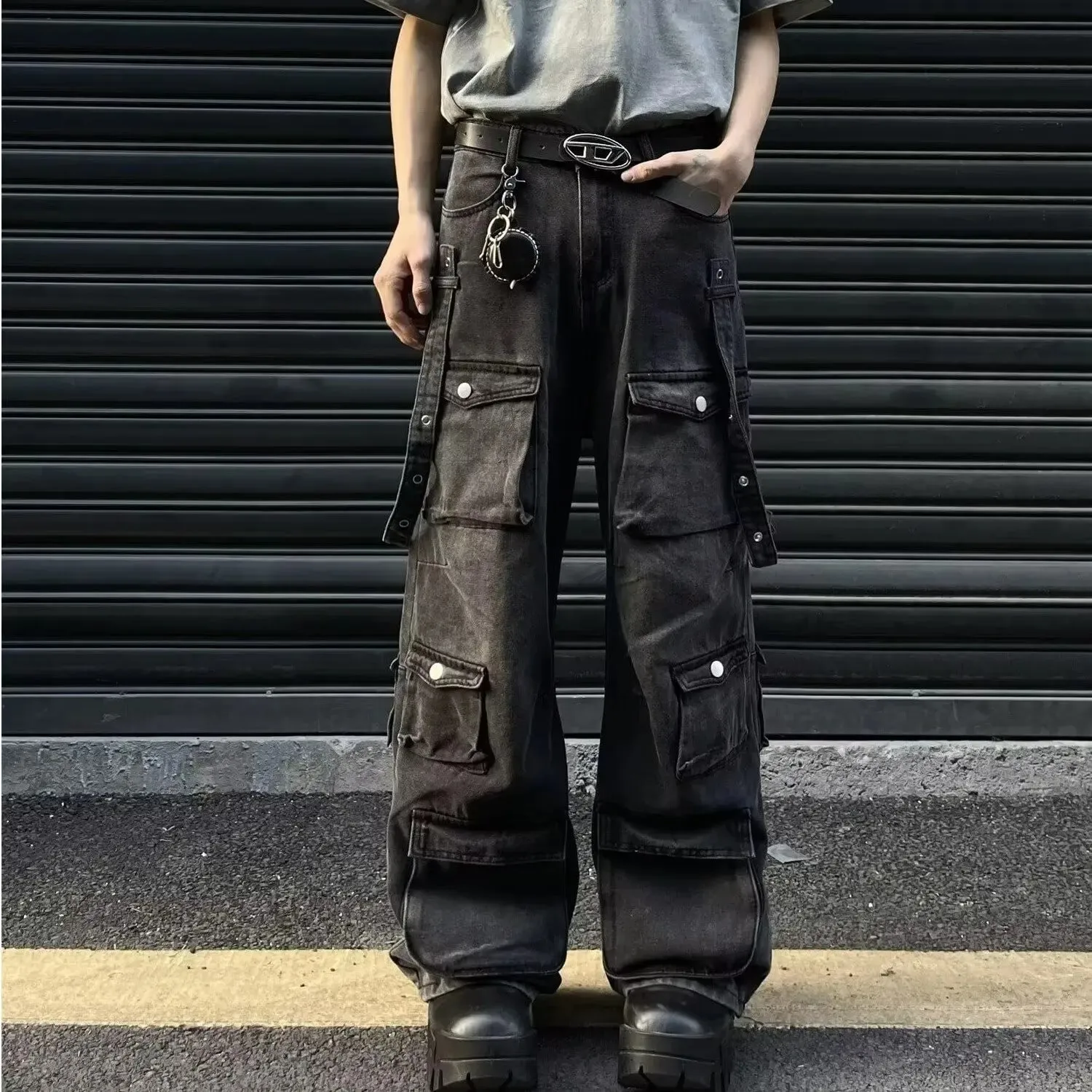 Y2K Multiple Pockets Baggy Cargo Jeans 2024 Vintage Men's and Women's Loose Straight Leg Hip Hop Pants Baggy y2k Jeans — image 2