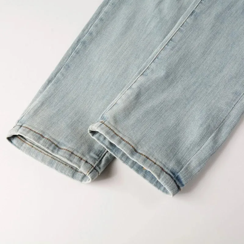 Men Cracked Patch Stretch Denim Jeans Holes Ripped Patchwork Pants Streetwear Light Blue Skinny Tapered Trousers — image 5