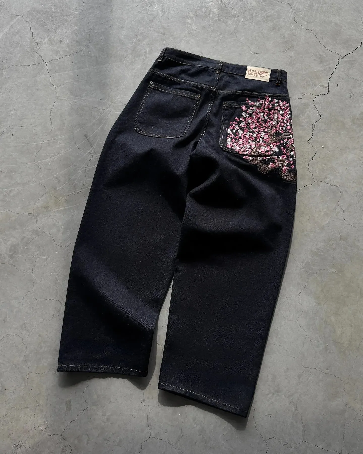 Harajuku Patchwork Cherry Blossom Embroidery Denim Pants Y2k Vintage Women Baggy Straight Wide Leg Jeans Street Men Clothes — image 4