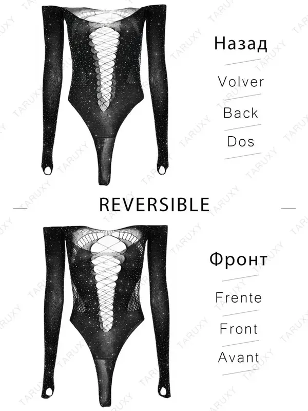 See Through Sparkly Mesh Bodysuit Women Long Sleeve Rhinestone Body Tops Hot Drill Female Party Nightclub Sexy Lingerie — image 5