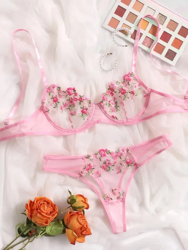 Seksi Dantel İç Sütyen ve Külot Setleri Kadın İç Giyim Çiçek Nakış Bralette Seti — image 7