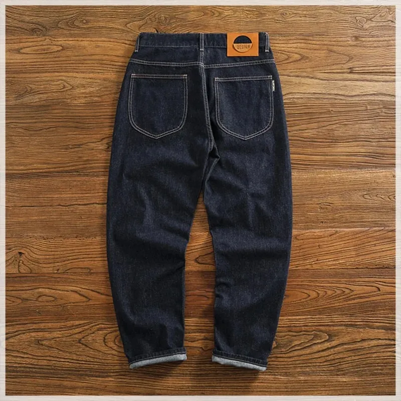 Anti-fading solid color general wash primary color denim jeans men's dark American casual loose straight cone pants — image 5