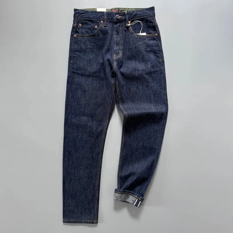 14oz Raw Selvedge Denim Jeans for Men Tapered Straight Indigo Washed 100% Cotton Pants with Back Paris Buckle American Vintage — image 2