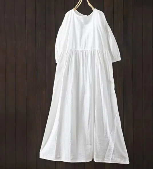 Johnature Women Vintage Cotton Dresses O-Neck Half Sleeve Soft Solid Color Robes 2025 Summer New Casual A-Line Female Dress — image 10