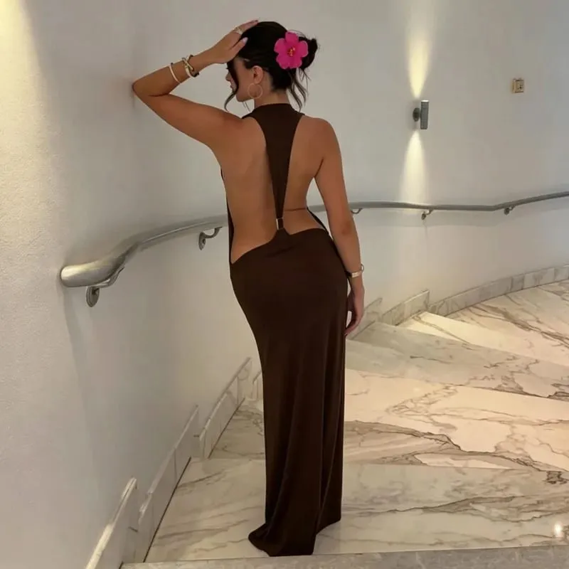 Tossy Damen Neckholder, rückenfrei, figurbetont, Maxikleid, offener Rücken, Spaghettiträger, Goldring, Abendparty, Sommerkleid, Strand, langes Kleid — image 10