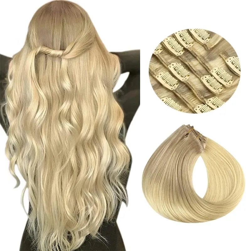 Sunmofavo Clip In Human Hair Extensions Straight Natural Light Brown Honey Ombre Balayage Black Hair Pieces For Women Full Head