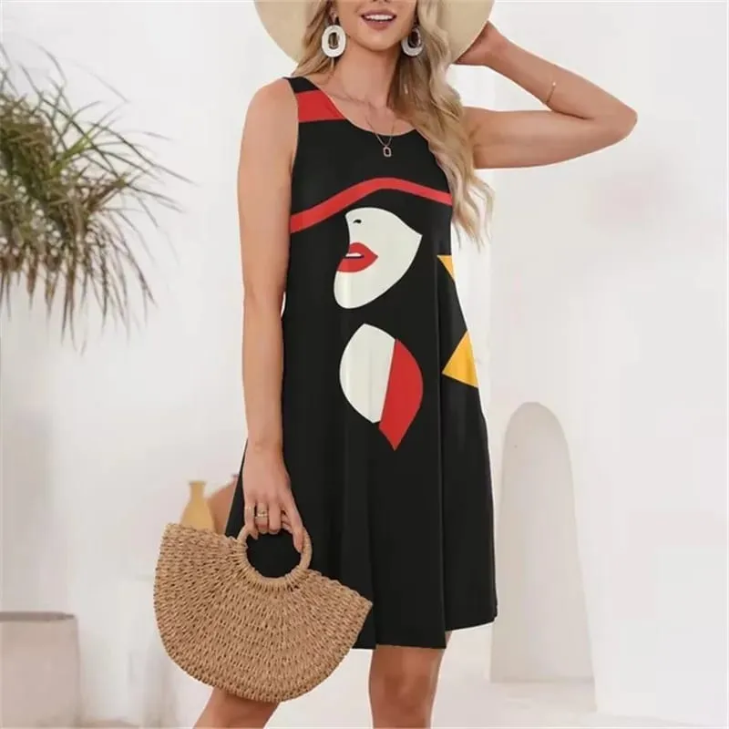 Face Pattern Women Fashion Mini Dresses Summer Sleeveless 3D Printing Street Ladies Dress 3XL Plus Size Casual Dress — image 7
