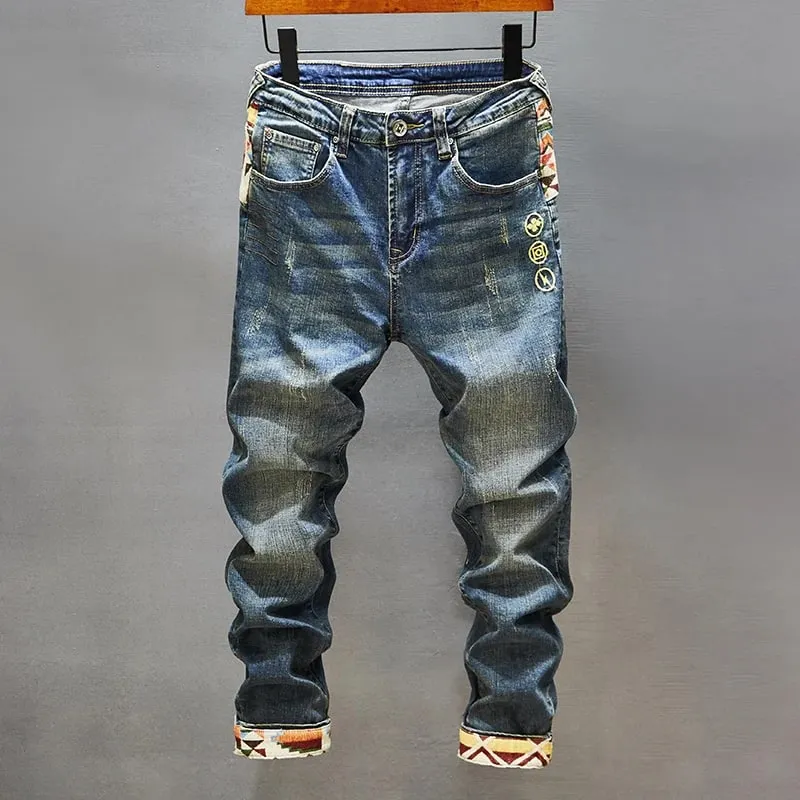 Stitching Embroidered Printed Jeans Men's Cool Smart Street Fashion Design Pattern Slim Fit Feet High-End Washed Trousers — image 4