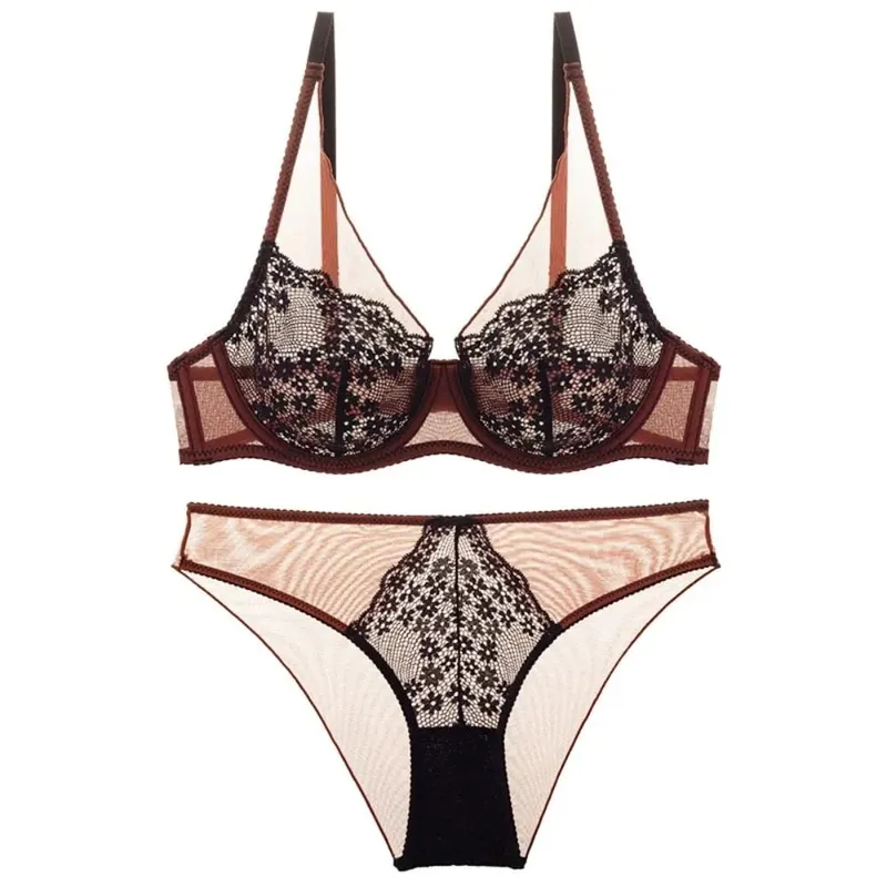 Mesh Lace Flower Bra Set Lingerie Brassiere Push Up Bra Women Thin Underwear Lace Floral Underpants Romantic Evenings