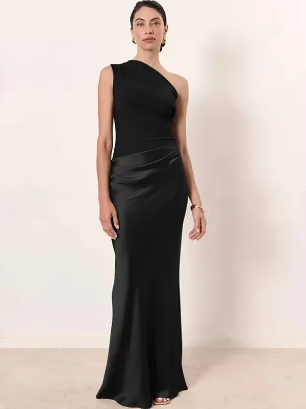 MO Patchwork Satin Sexy One Shoulder Women Maxi Dress Brown Sleeveless Evening Dress Summer Slim Elegant Party Clubwear — image 9