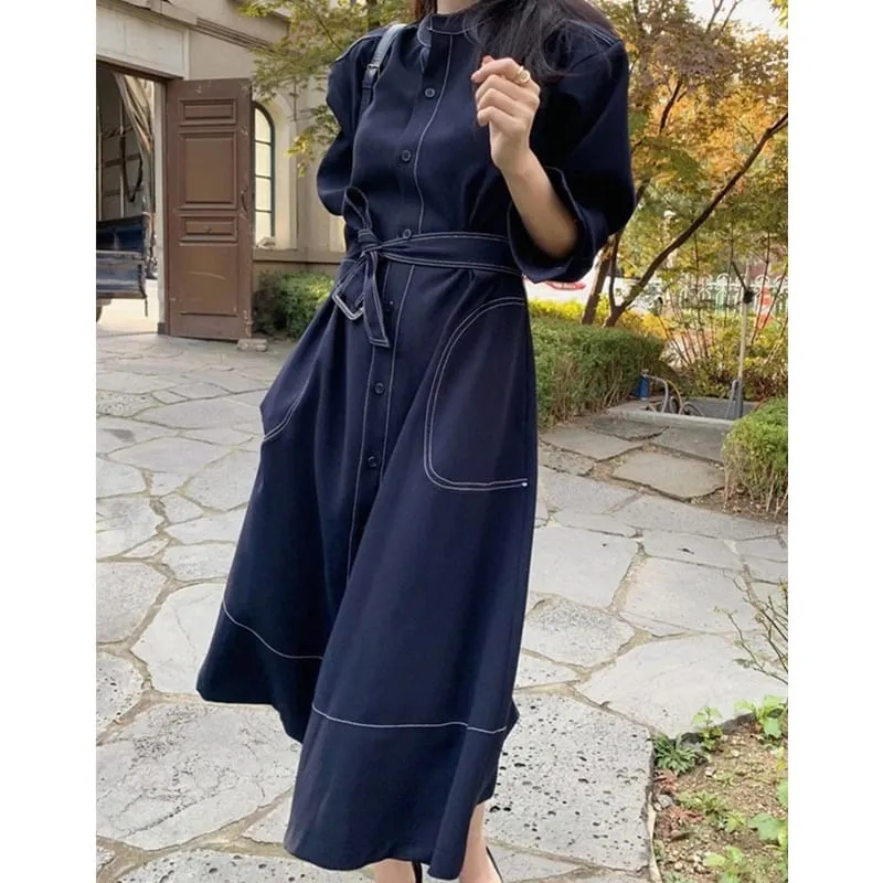 Spring Autumn Single Breasted Women's Shirt Dresses Sashes 2024 New Stand Collar Korean Casual Straight Dress Female