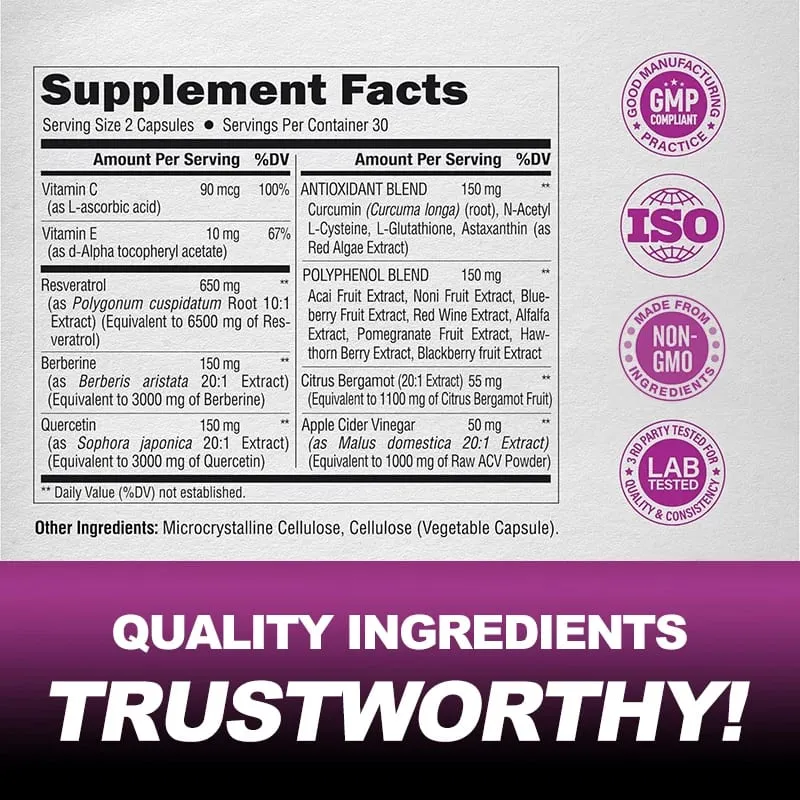 Resveratrol Capsules | Berberine | Quercetin | Apple Cider Vinegar - Antioxidant Heart Health & Metabolism - 60/120 Capsules