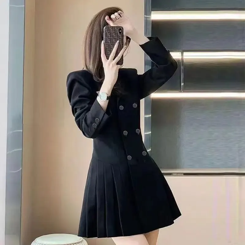 Autumn Winter New Fashion Tailored Collar Long Sleeve Solid Color Women's Clothing Korean Pleated Sweet Trend Simplicity Dresses
