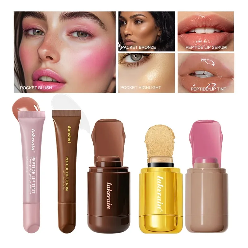 5pcs Face Makeup Set Bronzer Cream Contour Highlighter Blush Stick Transparent Tinted Moisturizing Lip Glaz Cosmetic For Women — image 3