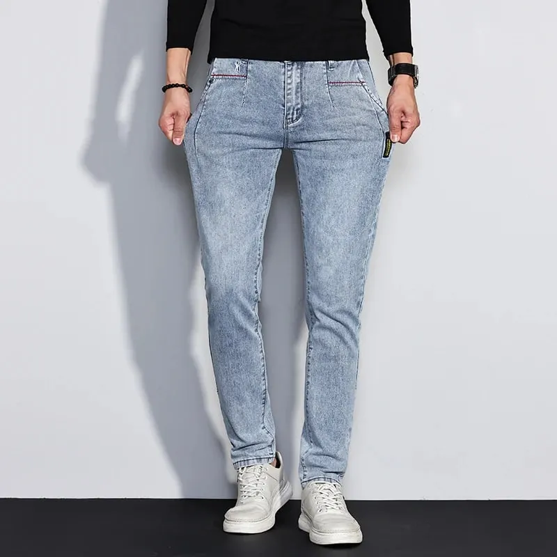 New Men's Jeans Slim Fit Stretch Straight Vintage Trendy Denim Pants Korean Washed Soft Versatile Fashion Trousers Streetwear