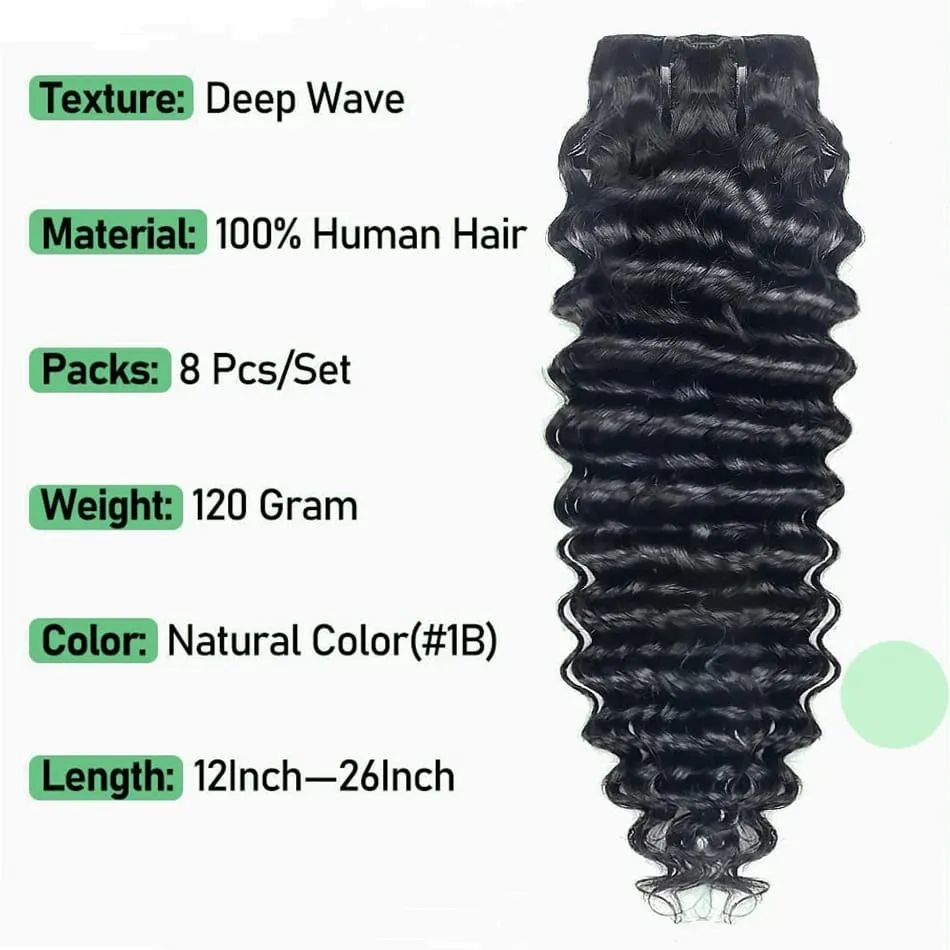 Human Hair Deep Wave Clip In Hair Extensions Brazilian Clip In 8 Pcs/Set Natural Black Color Clip Ins Remy Hair 10-26 Inch 120G — image 6