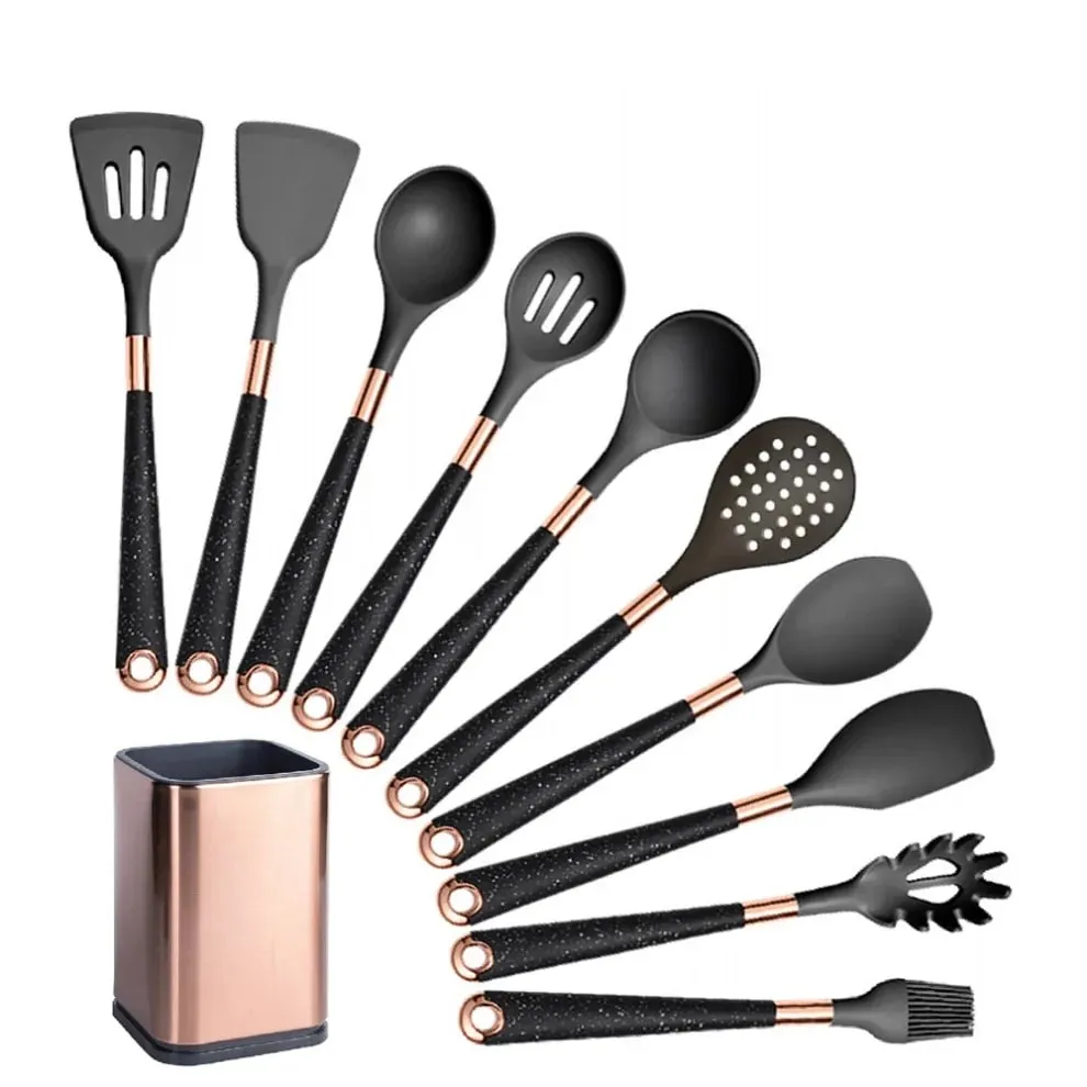 Silicone Cooking Utensils Set Non-Scratch Non-Stick Heat Resistant Spatula Spoon Rose Gold Handle With Bucket Kitchen Gift — image 18