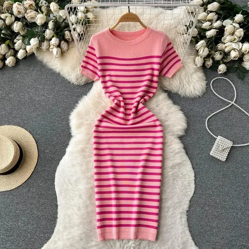 Summer Striped Beach Knitted Dress O Neck Short Sleeves Chic Hotsweet Slim Sundress Streetwear Y2K Bodycon Midi Dress — image 4