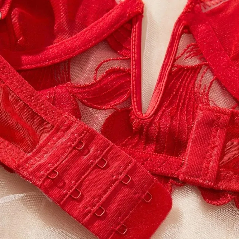 Feminino vermelho floral renda lingerie conjunto puro underwire copo fino sutiã combinando tanga calcinha sexy oco íntimos — image 4