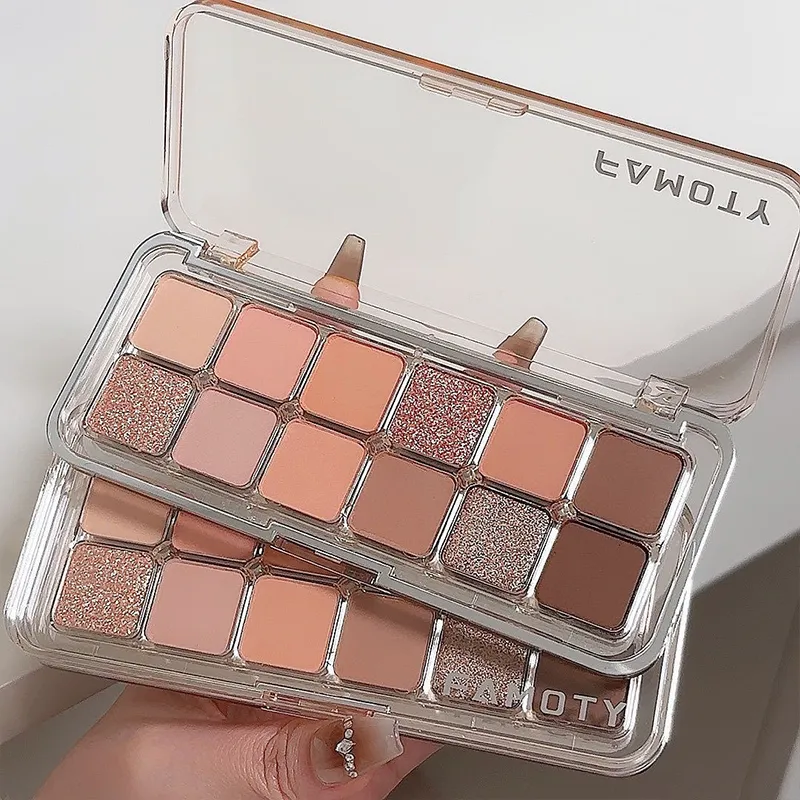 Palet Eyeshadow Matte Saturasi Rendah 12 Warna Teh Aprikot Warna Bumi Riasan Mata Matte Pearlescent Tahan Lama untuk Penggunaan Sehari-hari — image 2