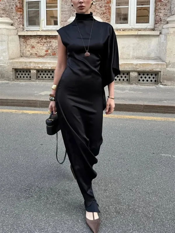 Tossy Casual Sleeveless Satin Maxi Dress Female Turtleneck Patchwork Slim Fashion Solid Commute Dress For Women Long Dress 2025 — image 8