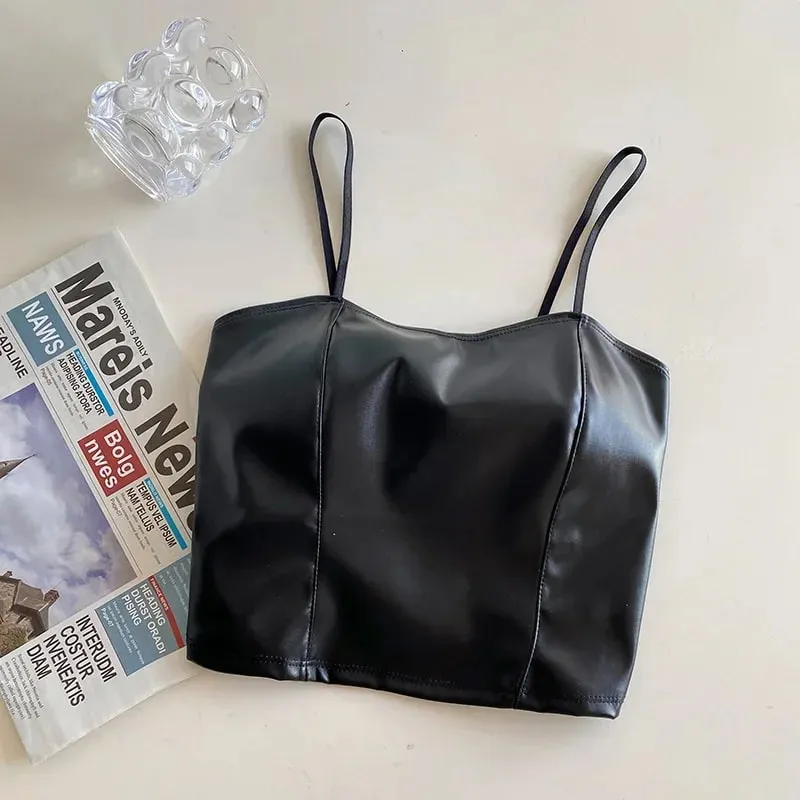 Women PU leather camis underwear padded bra sexy tops Y2K crop tops elastic lace at back tank tops for women streetwear