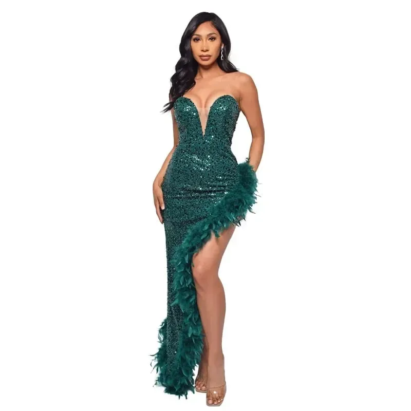 CM.YAYA Women Sequined Strapless Feather High Side Split Strapless Bodycon Midi Maxi Dress Sexy Club Even Party Dresses Vestidos