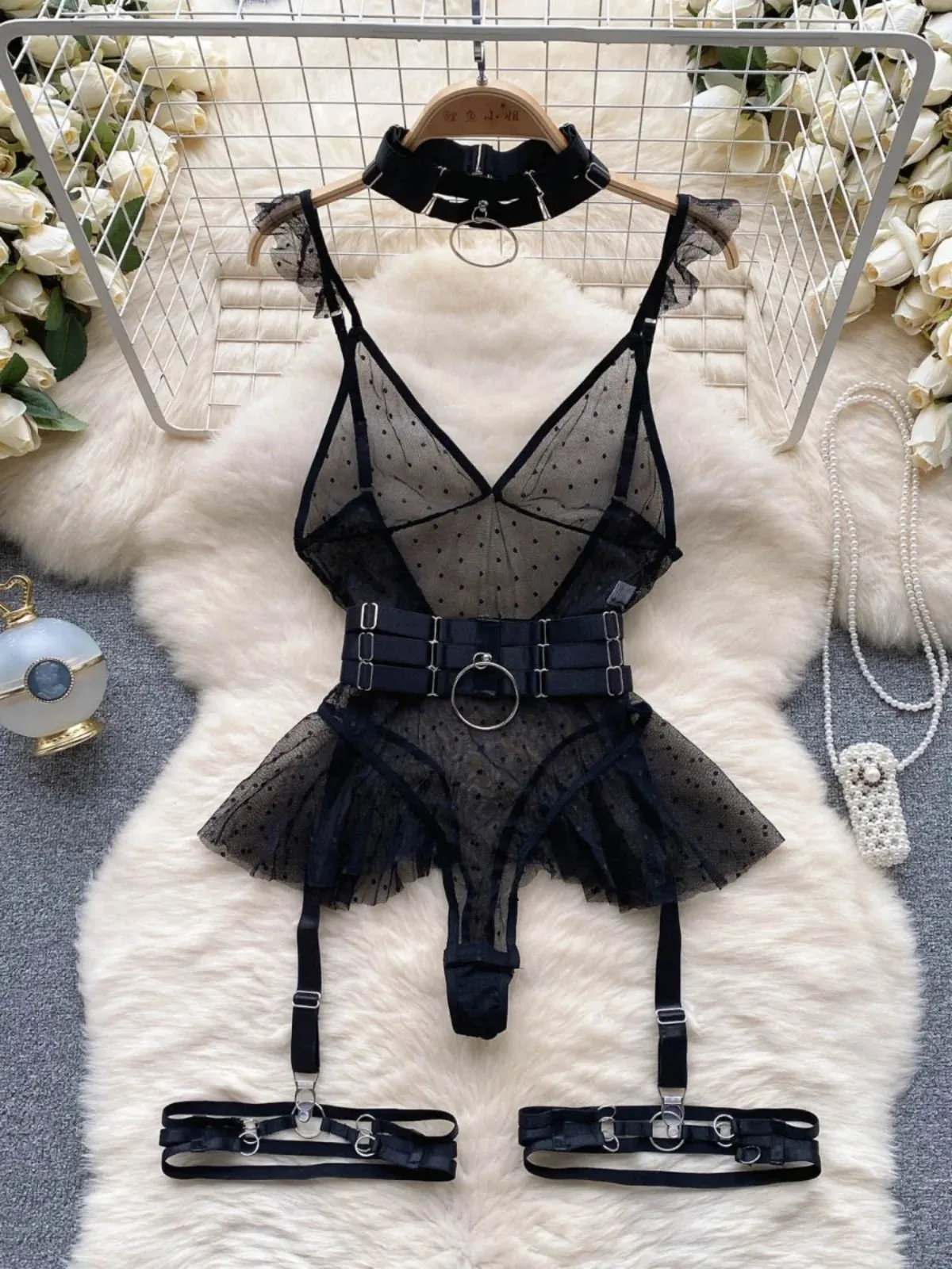 ssTss Ins trendy Girl Sexy Mesh Bottom Strap V-neck one-piece Top bodysuit women's Slimming Waist Ruffle Hemp Vest Jumpsuit — image 2