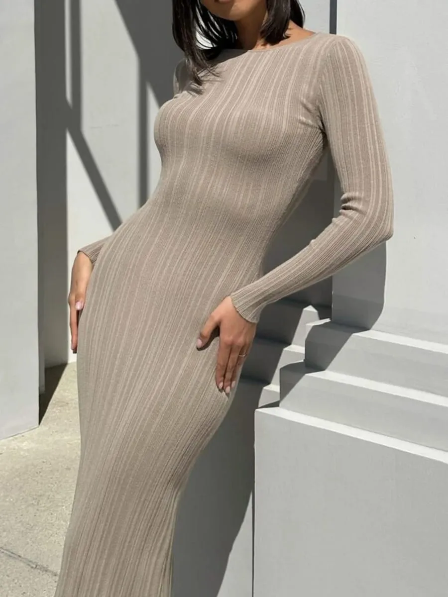 Women Spring Autumn Solid Color Bodycon Knit Dress Long Sleeve Crew Neck Ribbed Dress Slim Fit Long Dress — image 6