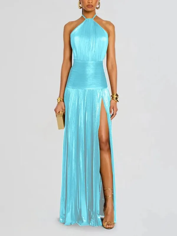 Gold Halter Neck Evening Dress Woman Chic Solid Color Pleated Backless Package Hip Slit Dress Fashion Trendy Lady Party Vestidos