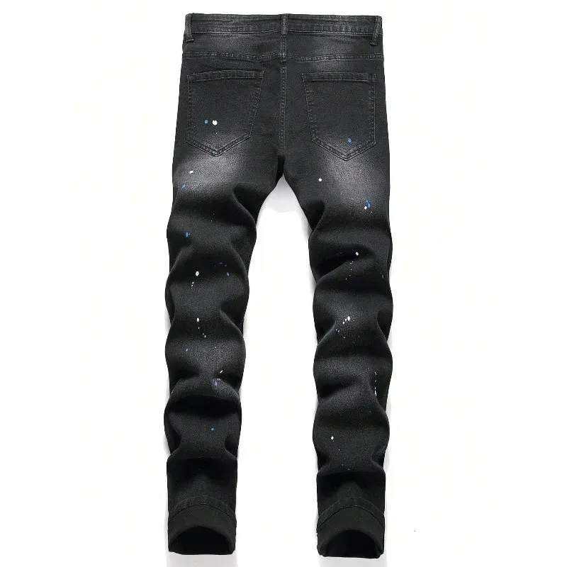 2025 Autumn New Stretch Jeans Fashionable Ripped Patchwork Slim European American Pants Male Paint Dot Hip Hop Denim Trousers — image 3