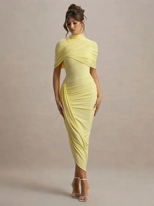 Irregular Pleated Ruched Maxi Dress Women's Backless Turtleneck Slim High Waist Robes Summer Lady Chic Street Vestidos 2025 New