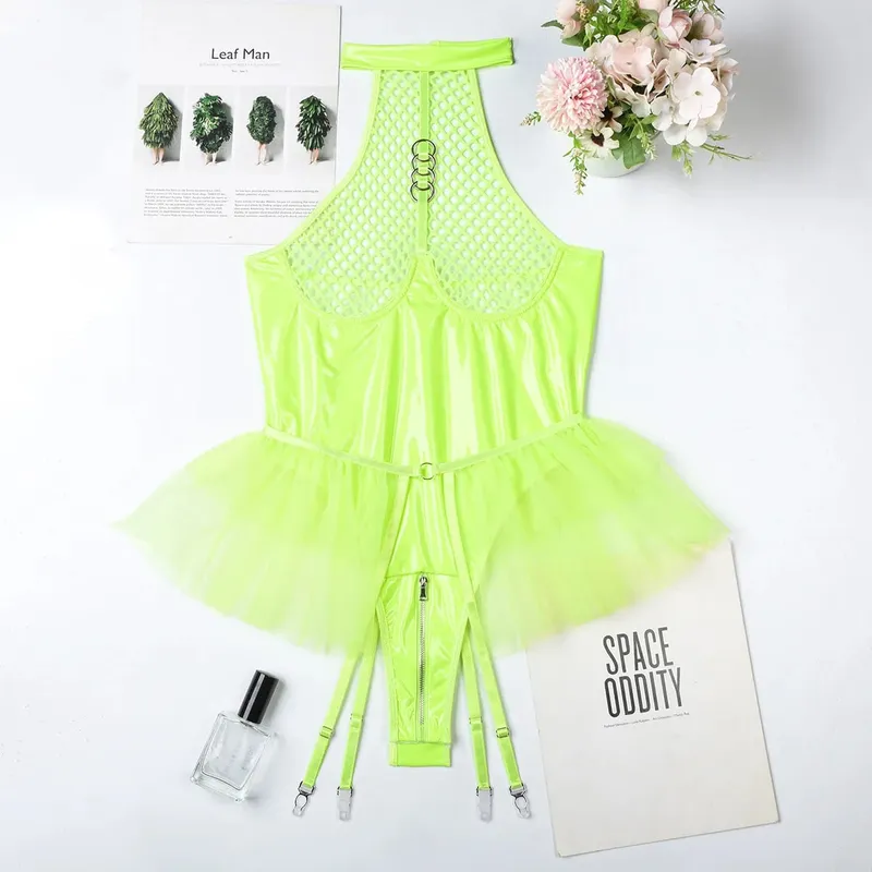 Yimunancy PU Leather Backless Bodysuit Women 2-Piece Transparent Halter Mesn Bodysuit Ball Gown Body Femme