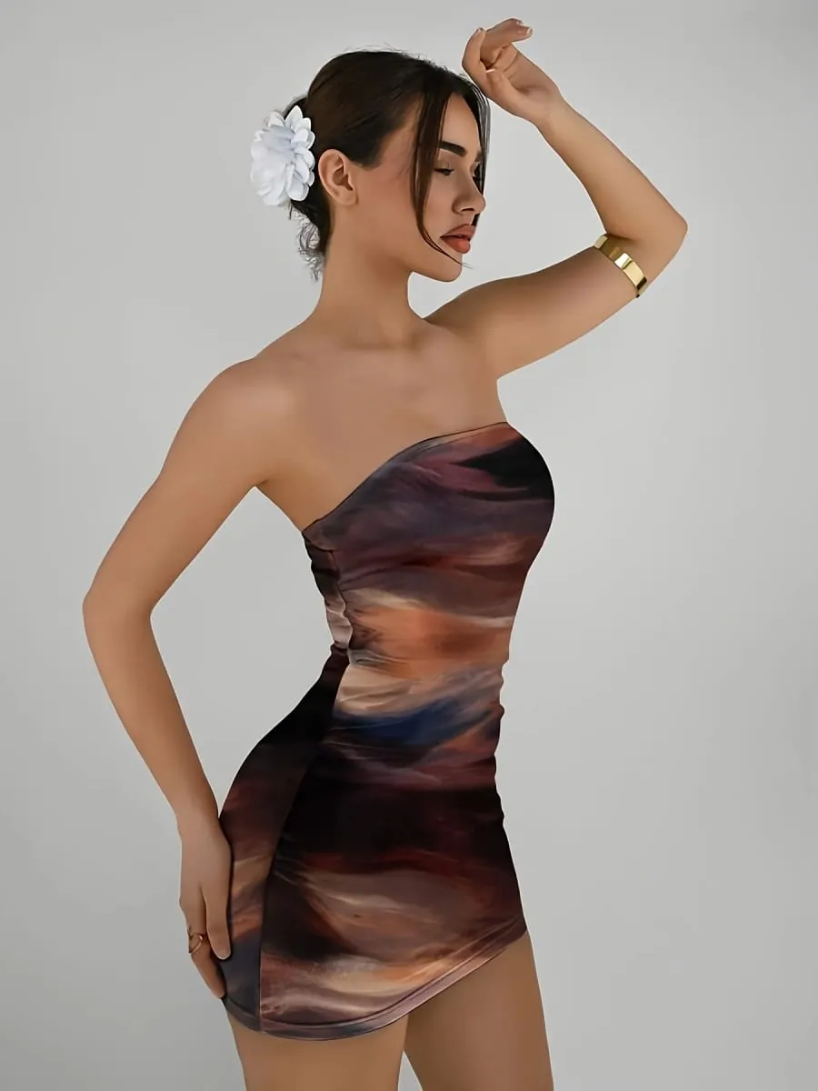 Elegancka damska dzianinowa mini sukienka z gradientowym nadrukiem Wiosna lato w nowym stylu impreza wakacyjna seksowna suknia slim fit bez ramiączek — image 4
