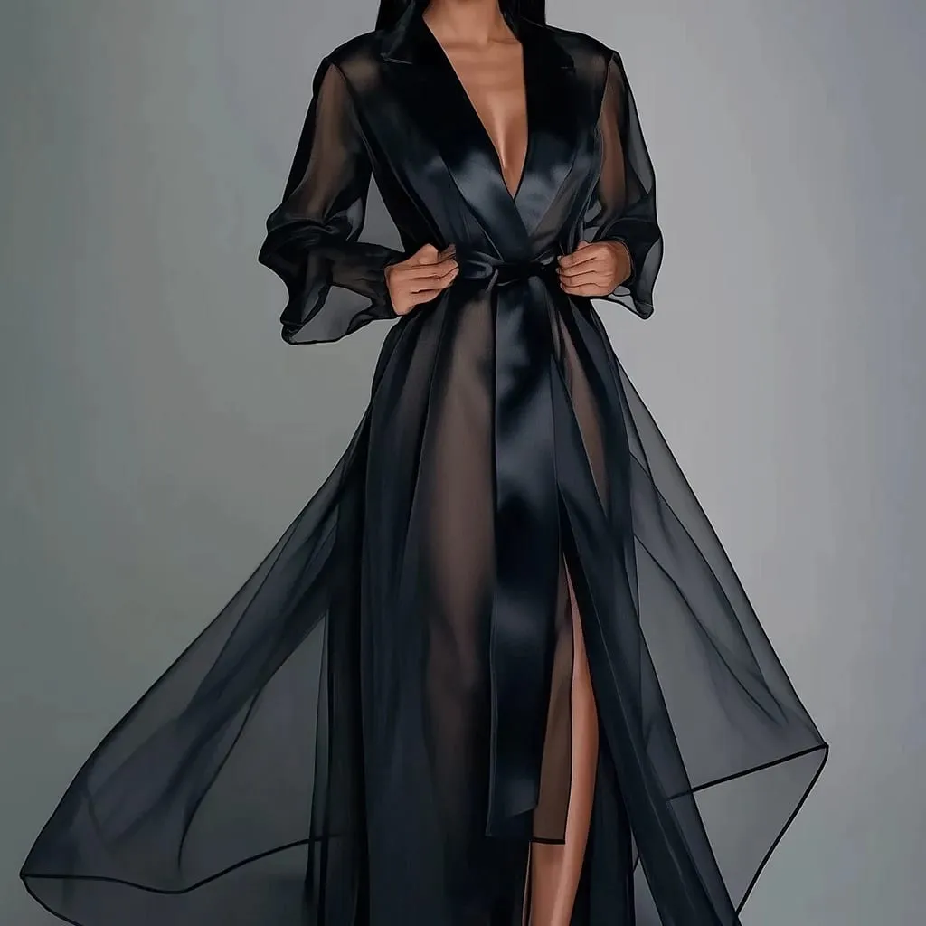 Women Maxi Dress Solid Organza See Through Lapel Long Sleeve Robe Summer Autumn Fashion Lace Up Gown Satin Silk Party Dress — image 1