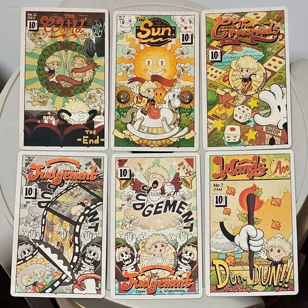Dupla dombornyomott, 12*7 cm-es vintage gumitömlős Tarot pakli merev dobozban 78 régi rajzfilmes művészeti tarotkártya — image 6
