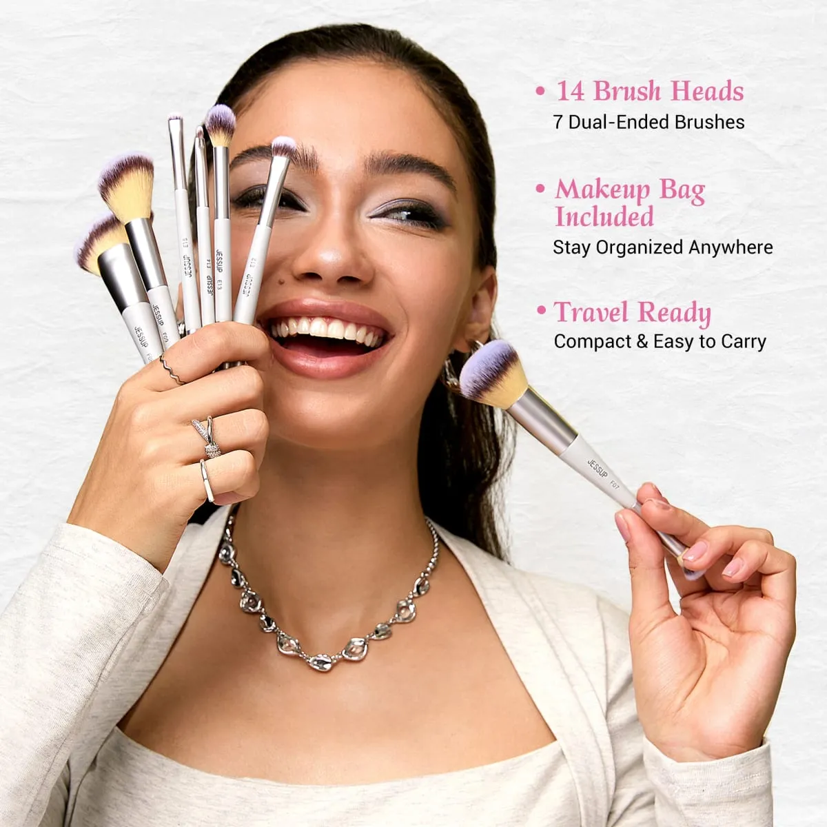 Berus Mekap Jessup Set 3/7pcs Dwi Berakhir Sintetik Pemerah Pipi Serlahan Campuran Berus Kening dengan Beg Tenang Kelabu T520