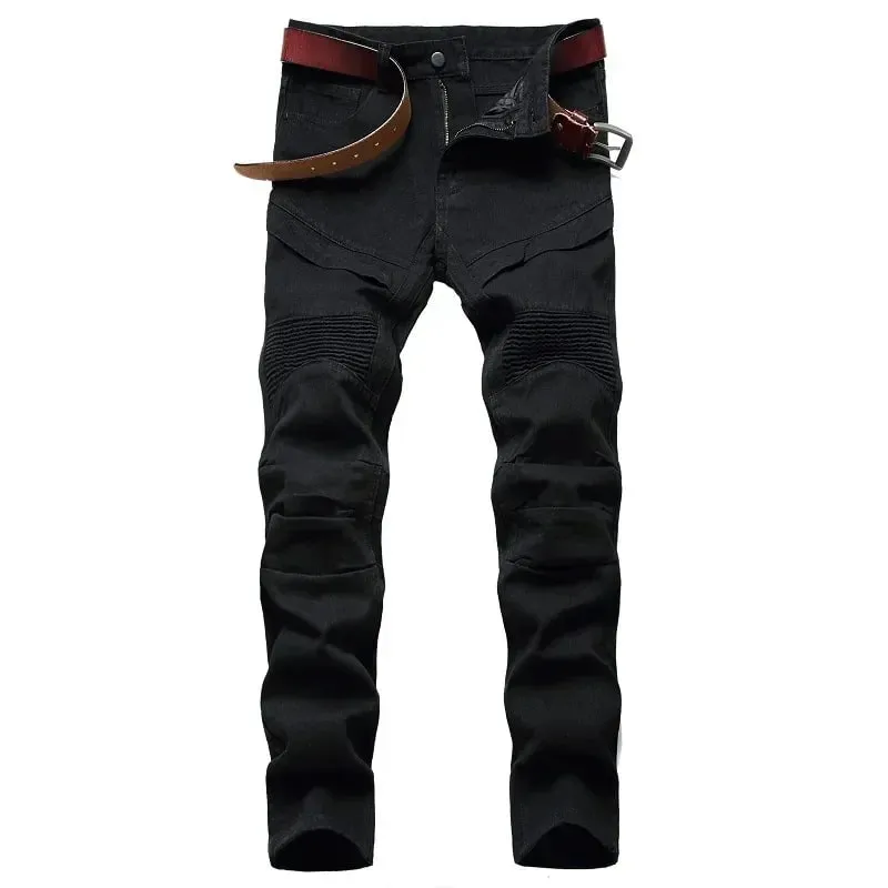 New Men's Slim Jeans White Motorcycle Trendy Casual Patchwork Denim Trousers Fashion Tight Folding Male Pants (without Belt)