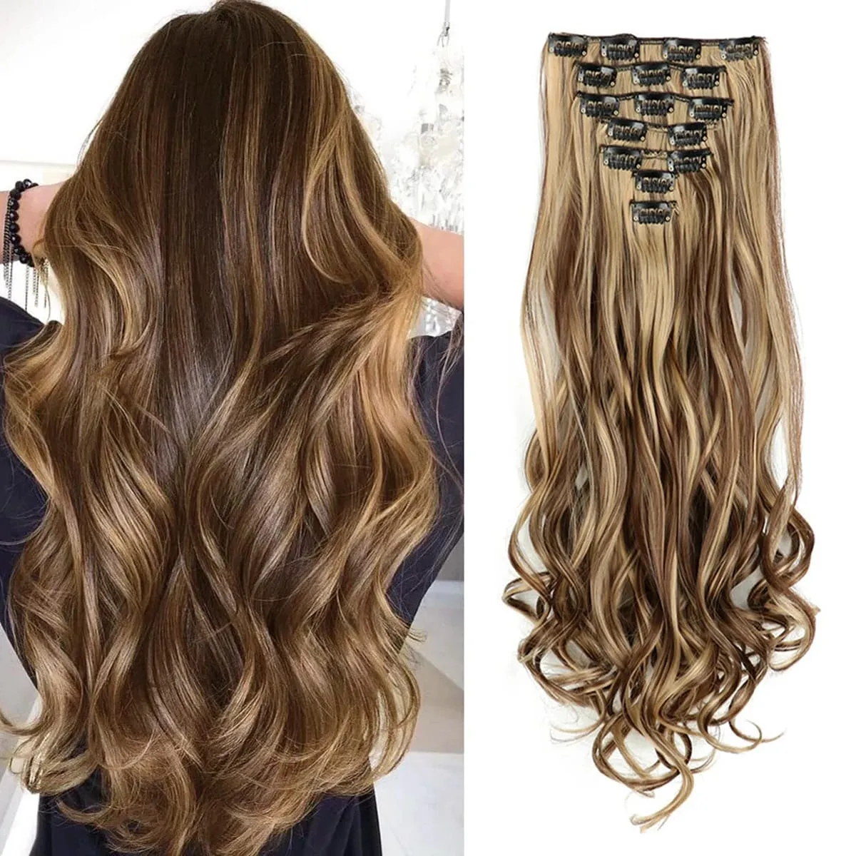 Clip In Hair Extensions 7PCS Full Head 22 Inch Long Curly Wavy Synthetic Hair Pieces Natural Wavy For Women Girls Hair — image 8