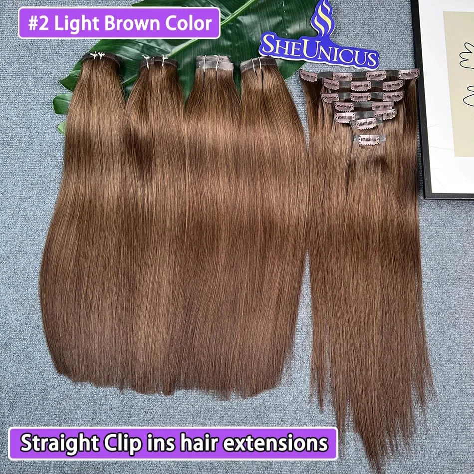 #2 اللون مستقيم بولي Clip Ins وصلات شعر 100% شعر بشري 100 جرام/مجموعة 7 قطعة سلس غير مرئي PU لحمة فيتنام الشعر للنساء — image 2
