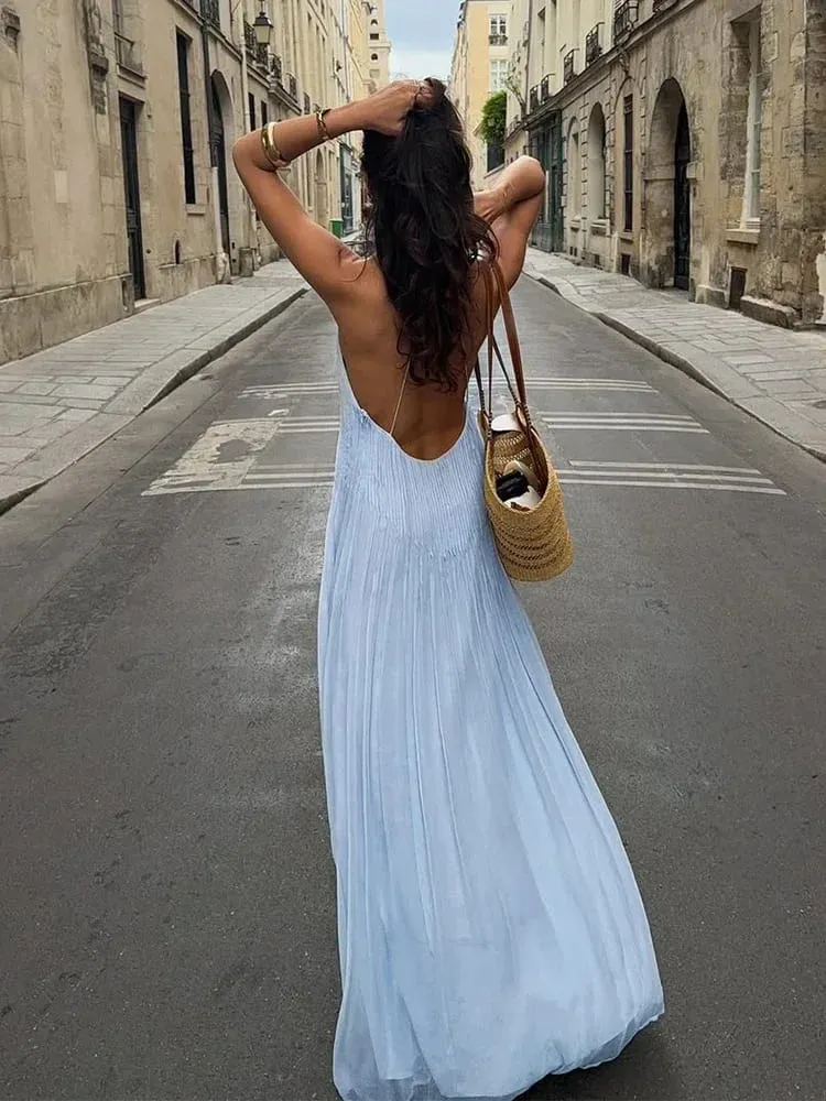 Chic Blue Pleated Backless Long Dress Women's Elegant Loose Hem V-neck Spaghetti Strap Dresses 2026 Lady Summer Beach Vestidos