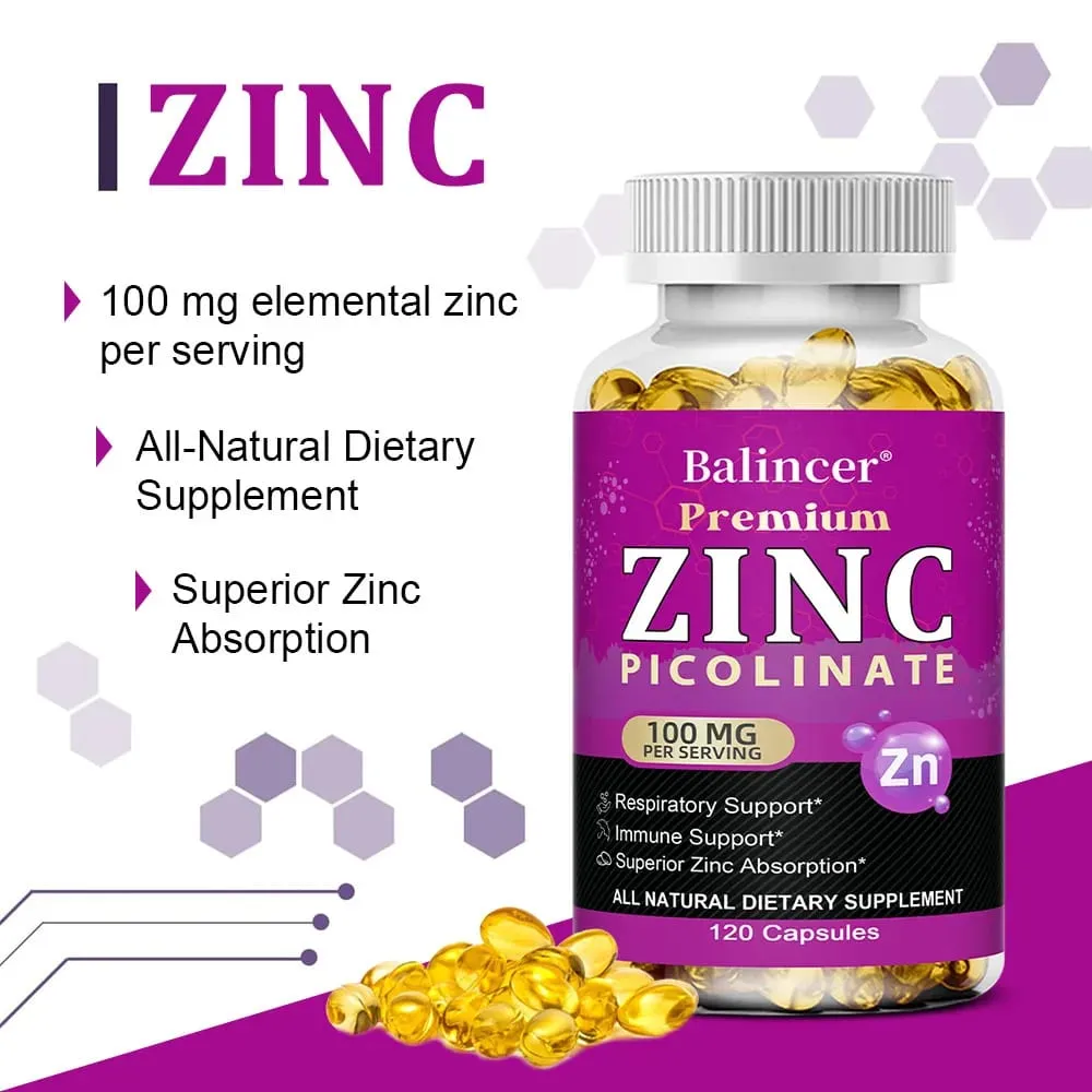 Zinc Picolinate 100Mg Capsules - Respiratory Immune Support Skin and Bone Health Highly Absorbed Supplement