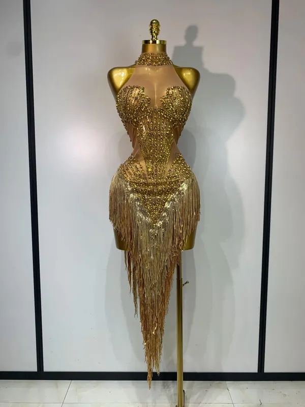 Sexet scenekostume Glitrende Rhinestone Mesh Gennemsigtige pailletter kvast Aften Fødselsdagsfest Natklub Dans Sanger Outfit