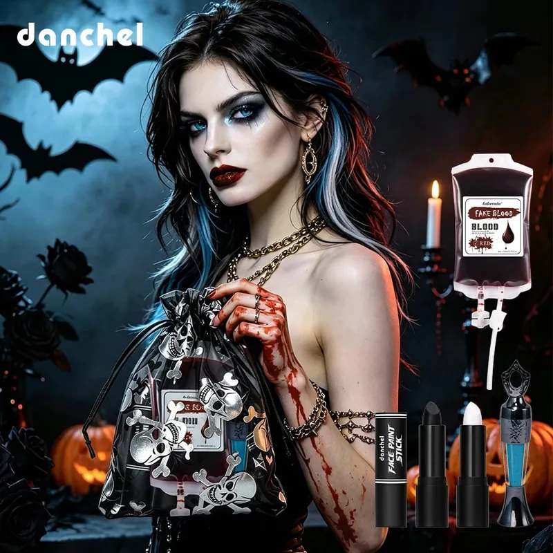 5pcs Halloween Makeup Kit Fake Blood Eyeliner Face Paint Stick Black White Lipstick Long-Lasting Cosplay Party Costume Face Make