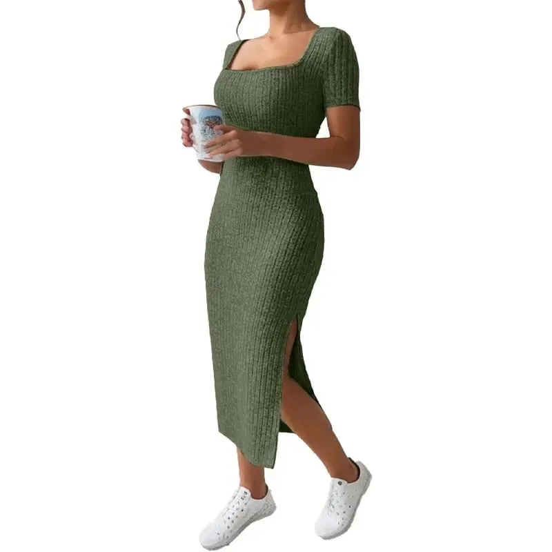 Summer Square Neck Hip-Hugging Mid-Length Skirt Short-Sleeved Versatile Knitted Slit Dress — image 5