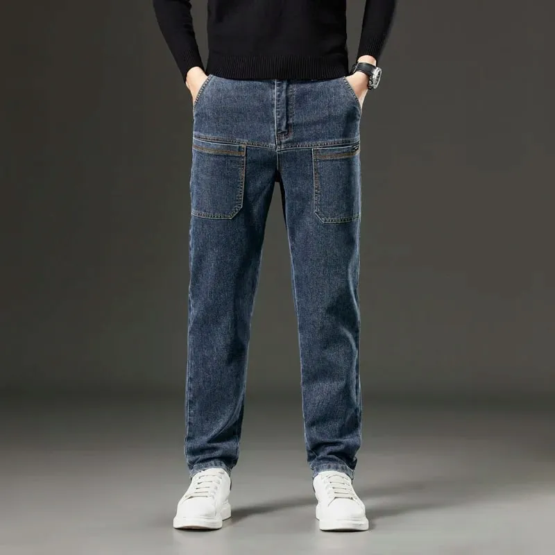 6 Pocket Design Denim Jeans Men's 2025 New High Elasticity Denim Casual Trousers Straight Male Pants Fashion Mid-waist Jeans — image 3